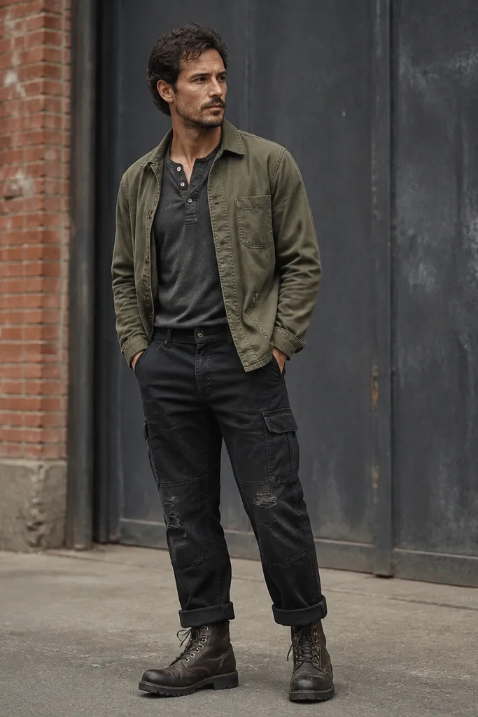 A man in a charcoal gray henley with a slightly frayed collar, layered under an olive overshirt. He wears distressed black carpenter pants with visible knee wear and cuffed hems, plus heavy brown-black work boots. The scene shows a gritty street backdrop with the outfit's matte fabrics standing out.
