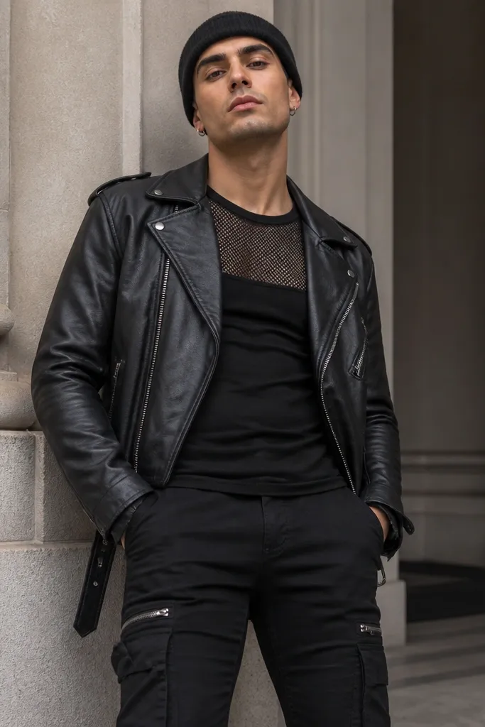 A man wearing an all-black outfit: a sheer mesh black tee over a tight black base shirt, a black leather biker jacket, and skinny black cargo pants with zipper pockets. He has a black beanie and short silver hoop earrings. The lighting makes the mesh texture visible at the chest.