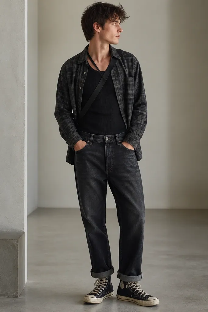 A man wearing a washed black-and-gray plaid overshirt open over a ribbed black tank. He has slouchy dark gray jeans with rolled cuffs and a slight fade at the seat. His shoes are black Converse-style high tops with scuffed toes, and he wears a thin crossbody strap.