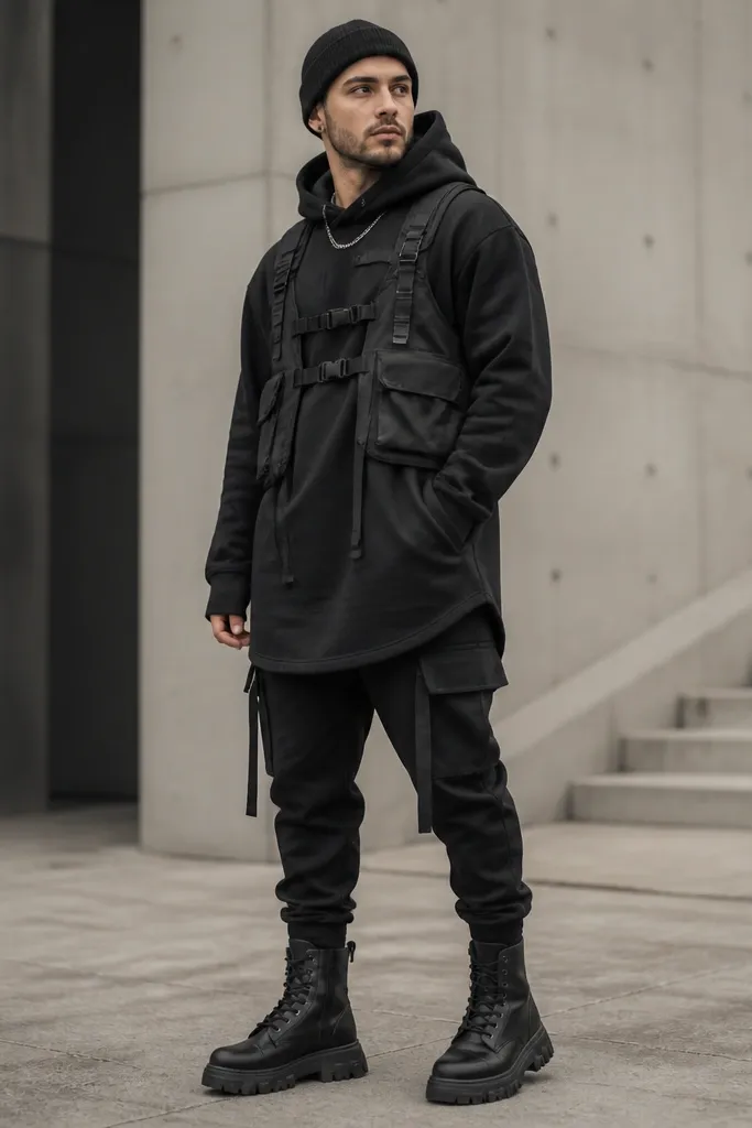 A man in a longline black hoodie that extends past the hips, wearing a black utility vest with multiple straps over it. He has black jogger-style pants with a slightly tapered ankle and wears heavy combat boots. A chain and a beanie sit at the neck and head.