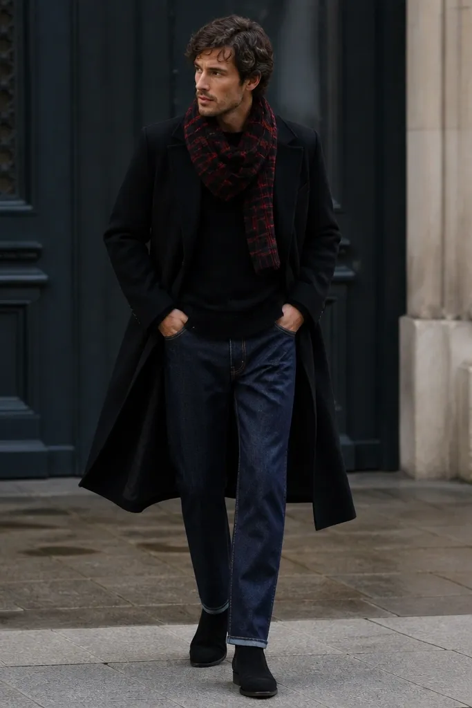 A man wearing a black knit sweater with a slightly dropped shoulder, a red-and-black plaid scarf looped once around the neck, and straight-leg dark blue denim. He has a long black coat draped open at the edges and wears black suede boots. The scarf pattern is visible and slightly worn.