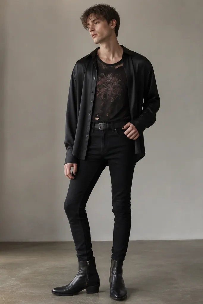 A man wearing a black satin button-up worn open, with a torn black graphic tee underneath showing ripped edges at the hem. He wears high-waist black skinny jeans and a thin black belt. Shoes are black ankle boots with a zipper, and he has a dark nail polish look on one hand.