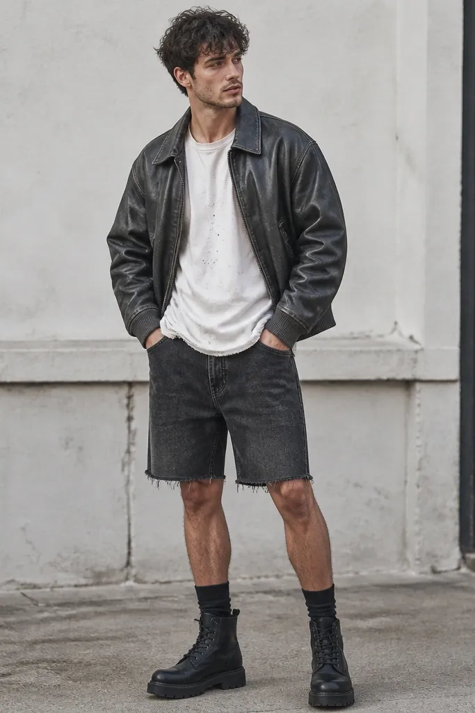 A man wearing a charcoal leather bomber jacket over a distressed white tee with black ink marks. He has black shorts with a worn wash and rough hem, plus black crew socks and chunky black boots. The outfit is photographed in daylight with the contrast between jacket and tee clearly visible.
