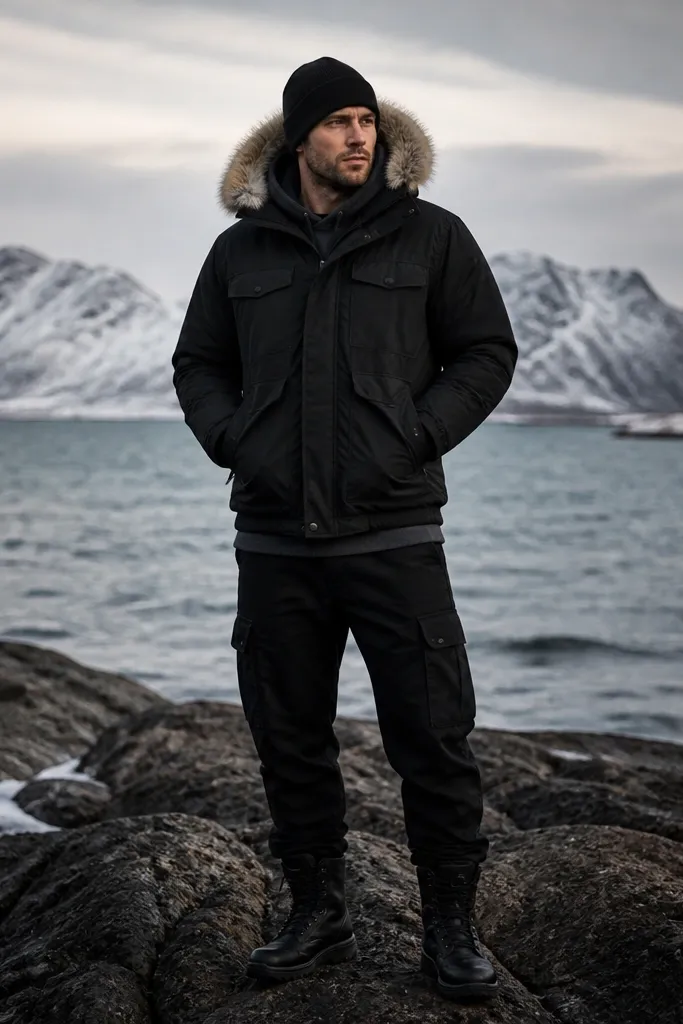 A man in a heavy black parka with a fur-lined hood, wearing a black beanie under a second knit cap. He has a dark hoodie peeking at the waist and black cargo pants. Shoes are dark winter boots with thick soles, and the hood fur is visible around the face.