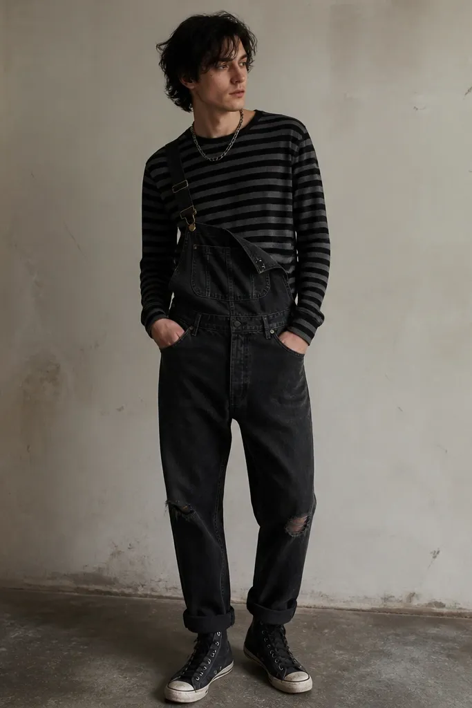 A man wearing a black-and-gray striped long sleeve shirt under black denim overalls. The overalls have metal buckles and visible wear at the knees. He wears a chunky chain necklace and black high-top shoes with scuffed toes. The straps hang slightly uneven for a lived-in look.