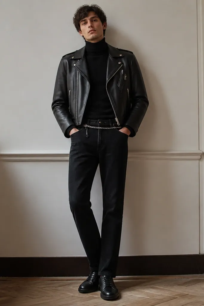 A man wearing a black ribbed turtleneck tucked into straight-leg black jeans. Over it is a cropped black moto jacket with zippers and matte leather. He has a thin chain belt and black leather sneakers with a low profile. The turtleneck collar sits high and snug.