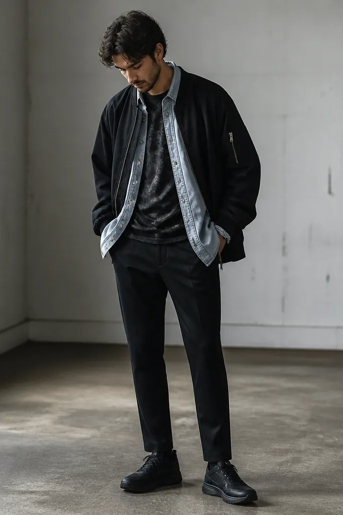A man wearing a dark charcoal velvet burnout tee under an oversized light-wash denim shirt worn open. A black bomber jacket sits over the denim shirt, partially unzipped. He wears black tapered trousers and dark sneakers. The velvet tee shows a mottled, worn sheen.