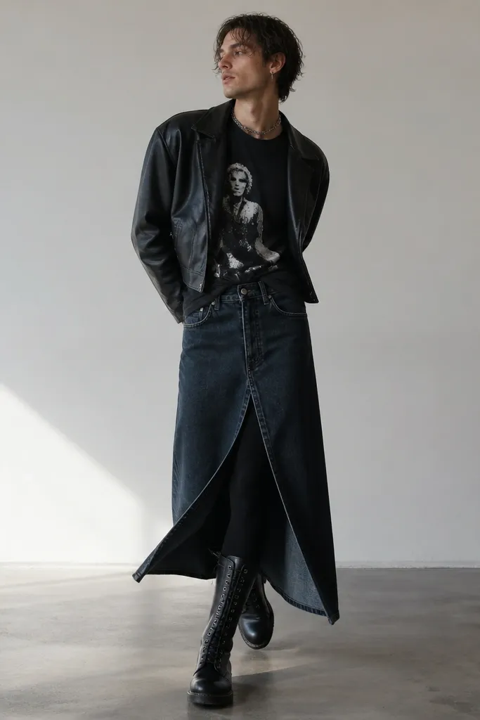 A man wearing a dark denim maxi skirt with a front slit, layered over black leggings. He has a black oversized band tee tucked slightly at the front and a cropped leather jacket. He wears tall black lace-up boots and a black choker or chain necklace. The front slit shows leg movement.