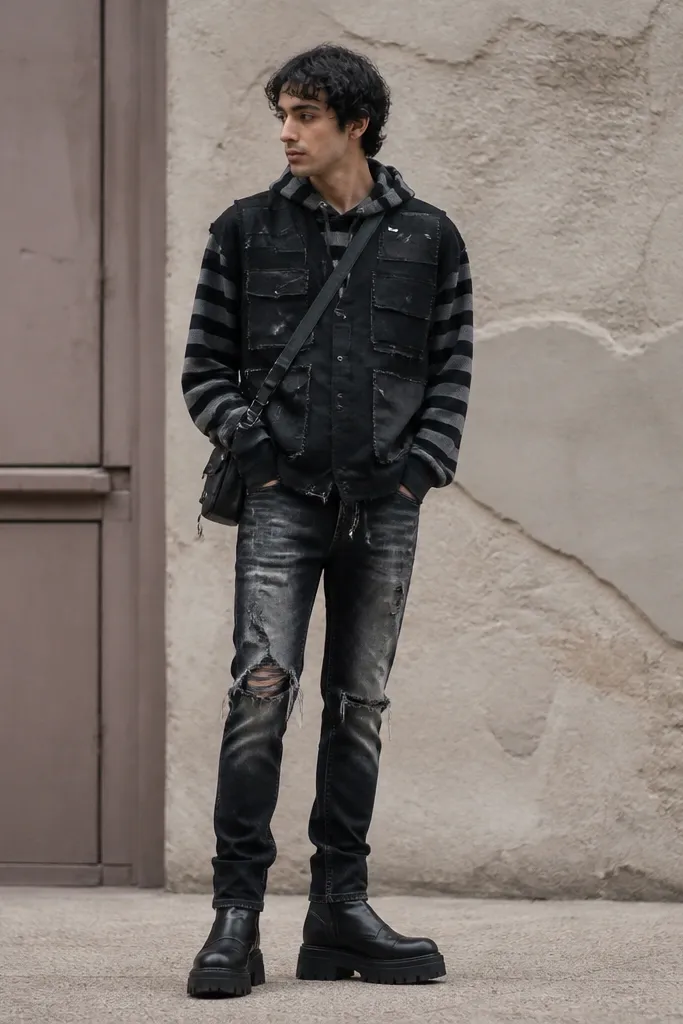 A man wearing a black-and-gray striped hoodie with the hood down. Over it is a patchwork vest made from different black fabrics with stitched patches and a few safety-pin details. He wears ripped taper jeans with a faded thigh and frayed knee. Shoes are black platform boots and he wears a small crossbody bag.