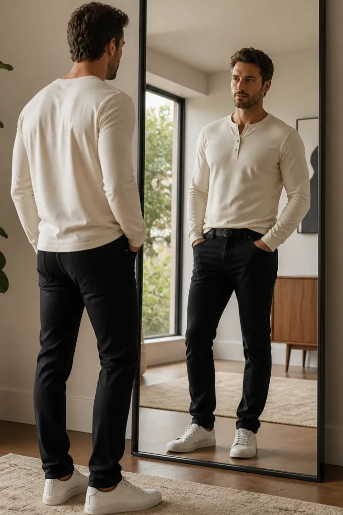A man stands in front of a mirror wearing black slim jeans, a cream henley with three buttons, and clean white low-top sneakers. The jeans hem hits at the top of the shoe with a slight break, and the henley sits untucked with a belt line that stays visible.