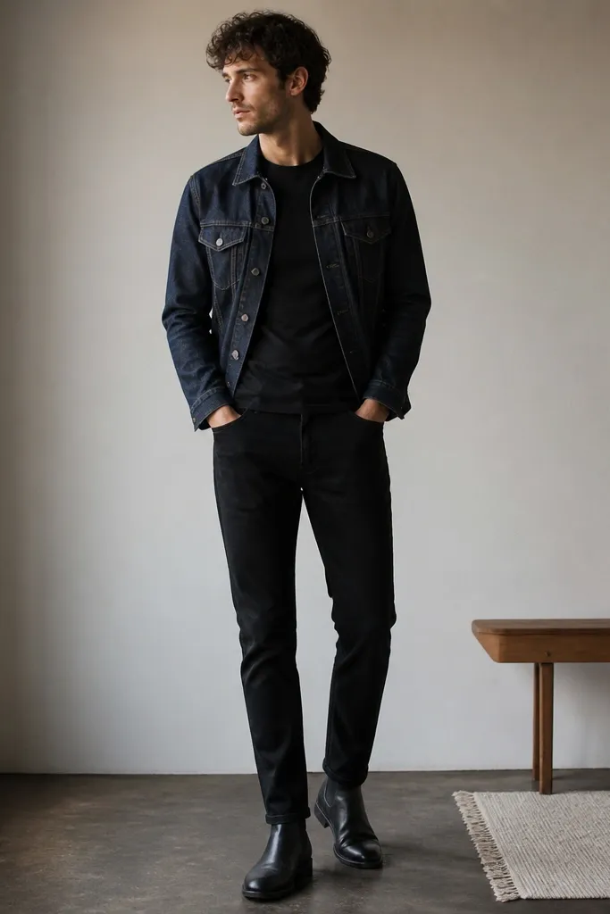 A man wears black jeans with a light taper, a black crew-neck tee tucked slightly at the front, and a dark indigo denim jacket. The jacket hem hits at mid-hip, and the outfit is finished with black leather Chelsea boots.