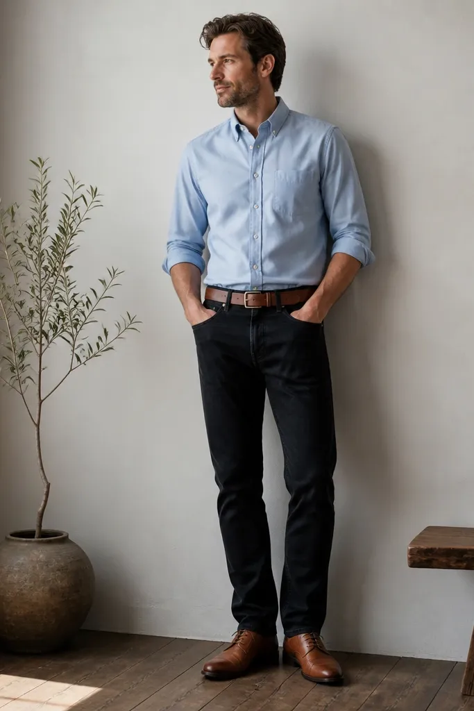 A man is photographed wearing black jeans with a straight fit, a light blue button-down Oxford shirt with sleeves rolled to the forearm, and a medium brown belt. The shirt is tucked neatly, and the shoes are tan leather derby shoes.