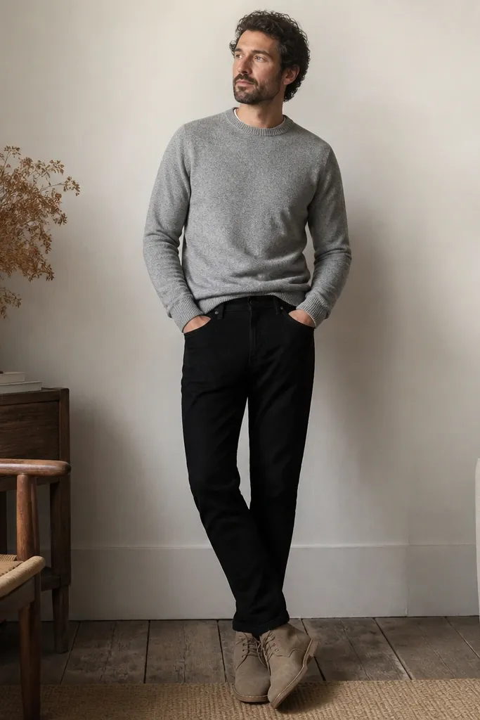 A man wears black jeans, a heather gray crewneck sweater with ribbed cuffs, and suede desert boots in sand/tan. The sweater is tucked slightly at the front and the boots show a matte suede texture.