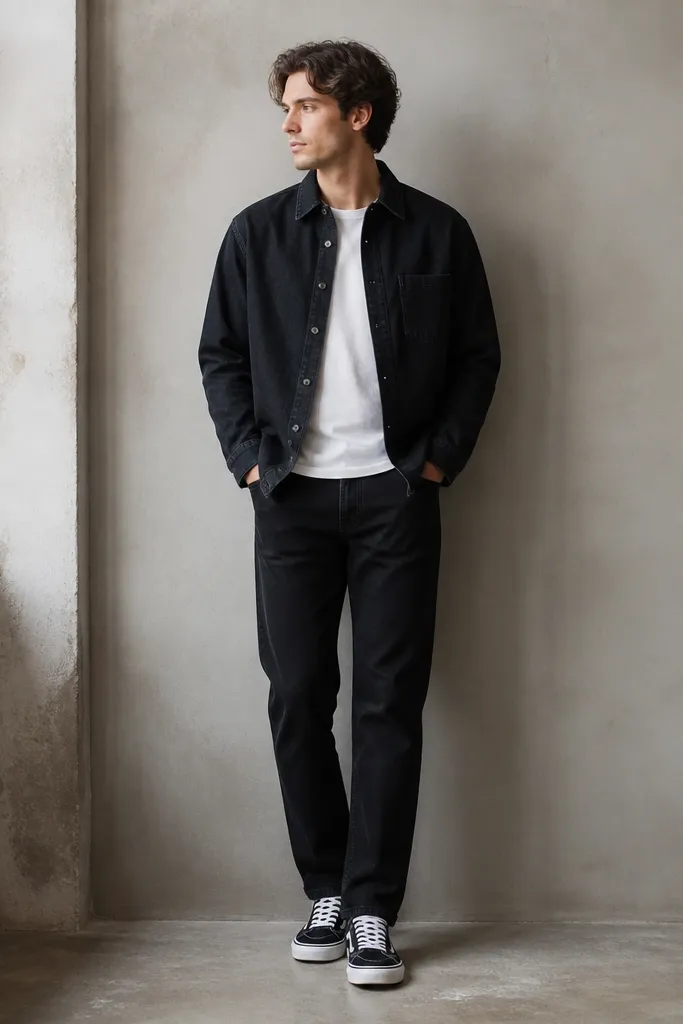 A man wears black jeans and a plain white crew-neck tee under a dark denim overshirt. The overshirt is buttoned halfway, and the jeans hem lands at the top of a black-and-white sneaker.