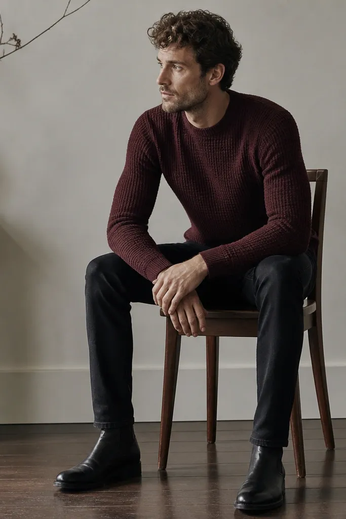A man wears black jeans with a tapered leg, a burgundy knit sweater with a crew neck, and black leather boots. The sweater has visible knit texture and fits close at the chest, with sleeves ending at the wrist.