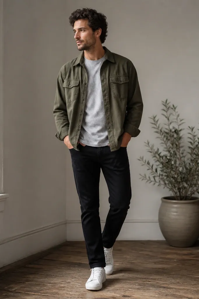 A man wears black jeans, an olive cotton overshirt with two chest pockets, and white low-top sneakers. The overshirt is unbuttoned and the tee underneath is a light gray crew neck.
