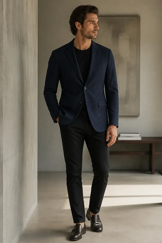 A man wears black jeans, a navy blazer with a two-button front, a plain black or charcoal pocket tee peeking from the blazer opening, and dark brown leather loafers. The blazer hem hits mid-hip.