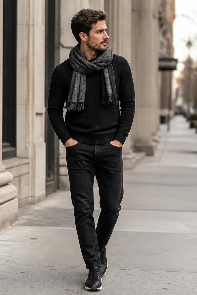 A man wears black jeans, a solid black or dark gray knit sweater, and adds a patterned scarf in muted tones (gray, black, a small hint of blue). The scarf is wrapped loosely at the neck, and the shoes are dark sneakers.