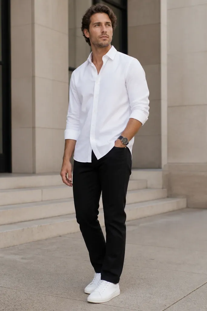 A man standing outdoors wearing a white oxford button-down shirt with the top button open, black straight-leg jeans, and clean white low-top sneakers. A simple dark watch is visible on the wrist.