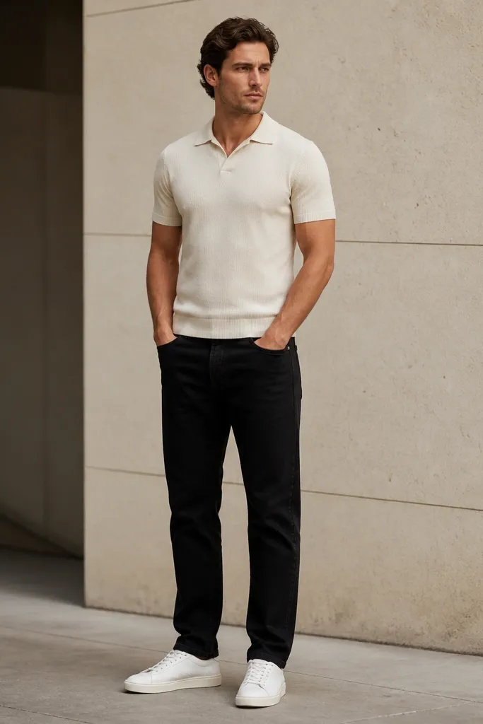 A man wearing a light cream knit polo with a structured collar, black jeans, and white sneakers. The polo is slightly fitted at the waist and the shirt hem sits evenly across the belt line.