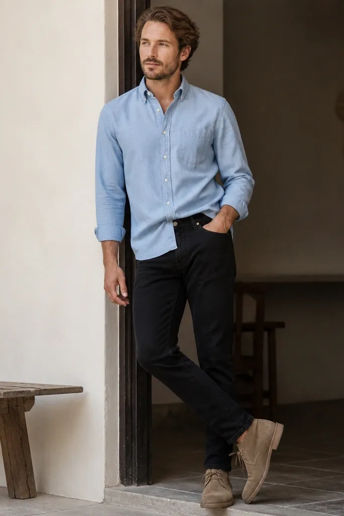 A man wearing a light blue chambray button-up shirt with rolled sleeves, black jeans, and tan desert boots. The shirt is partly tucked and the outfit looks relaxed but clean.