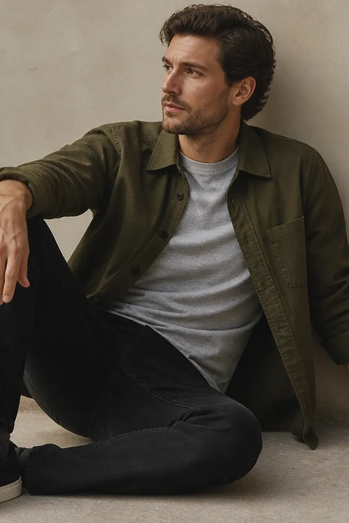 A man wearing a heather gray crewneck tee under an olive overshirt, paired with black jeans and dark sneakers. The overshirt sits open and the tee neckline is snug.