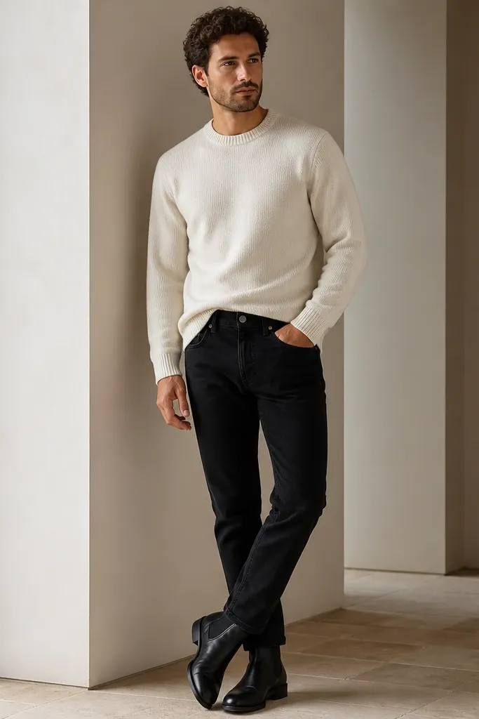 A man wearing a cream knit sweater with a crew neck over a half-tucked hem, black jeans, and black chelsea boots. The sweater drapes smoothly and the boots look polished.