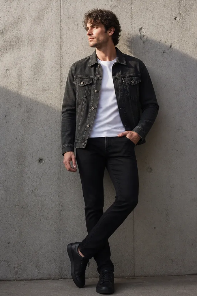 A man wearing a black denim jacket over a white crewneck tee, black jeans, and black sneakers. The jacket has visible stitching and a slightly lighter wash than the jeans.