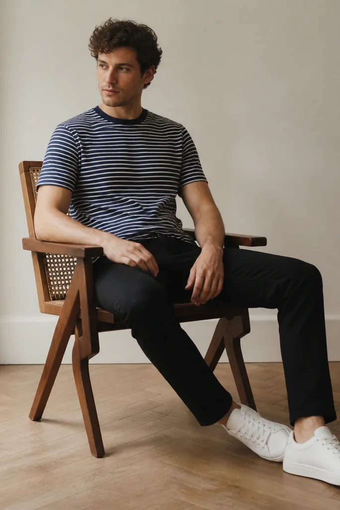 A man wearing a navy-and-white striped crewneck tee, black jeans, and white low-top sneakers. The stripes are narrow and the tee hem sits near the belt line.