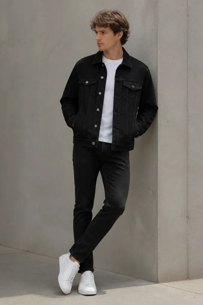 A man wearing a black denim jacket with a white tee underneath, black jeans, and white sneakers. The jacket is slightly structured and the tee neckline sits flat.