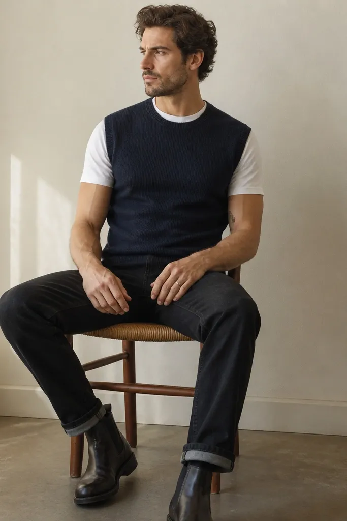 A man wearing a navy sweater vest over a white crewneck tee, black jeans, and dark leather boots. The vest is fitted at the waist and the tee neckline is visible.