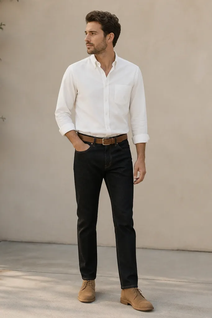 Man wearing black straight-leg jeans, a white button-down Oxford shirt with sleeves rolled once, a tan suede chukka boot, and a light brown leather belt; outfit is shown full-body outdoors with a neutral wall background.
