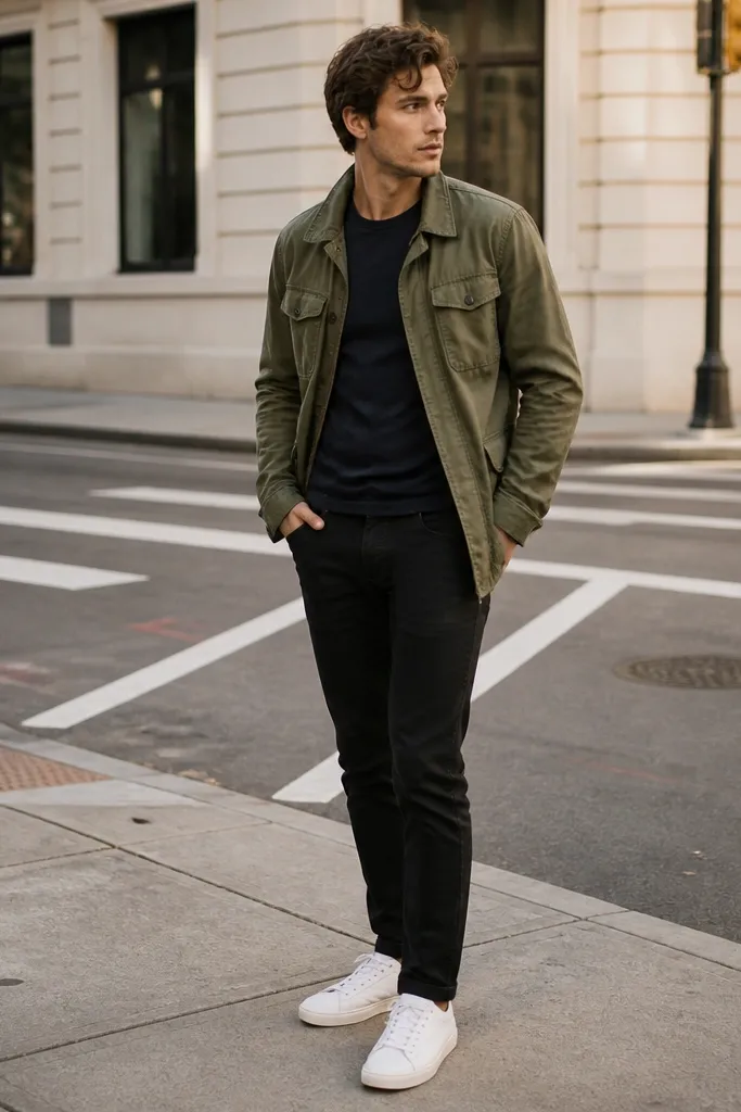 Man wearing black jeans, a fitted navy crew-neck tee, an olive lightweight field jacket, and white low-top sneakers; photo shows a three-quarter body view on a street corner.
