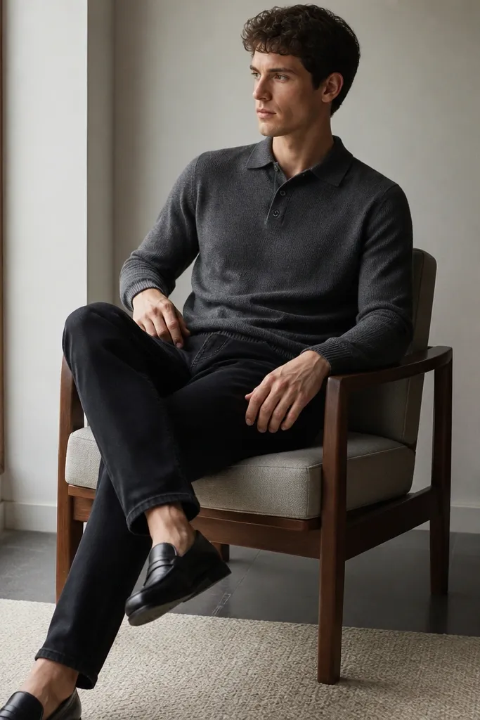 Man wearing black jeans, a charcoal knit polo with a two-button placket, and black leather loafers; background is indoors near a window, showing fabric texture.