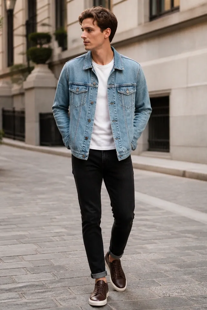 Man wearing black jeans, a light-wash denim jacket with button closure, a white tee underneath, and dark brown leather sneakers; outdoor photo in daylight.
