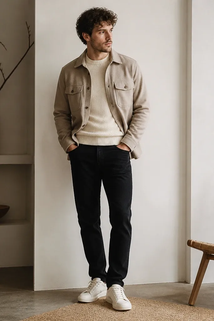 Man wearing black jeans, a sand/beige overshirt with chest pockets, a cream knit crew-neck, and cream sneakers; photo shows a relaxed stance.