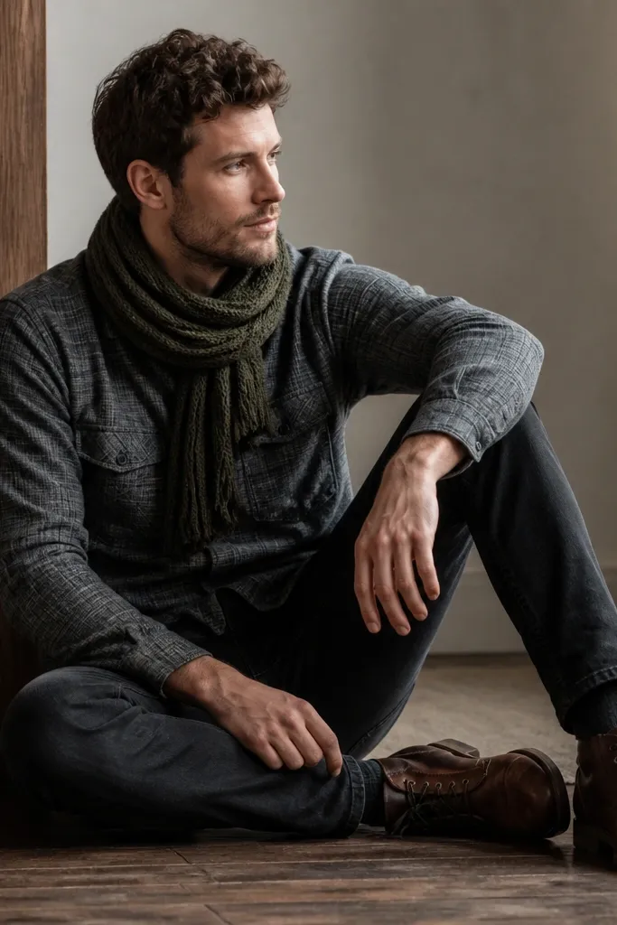 Man wearing black jeans, a grey flannel button-up, a dark olive knit scarf or beanie (one visible), and brown leather lace-up shoes; indoor lighting.