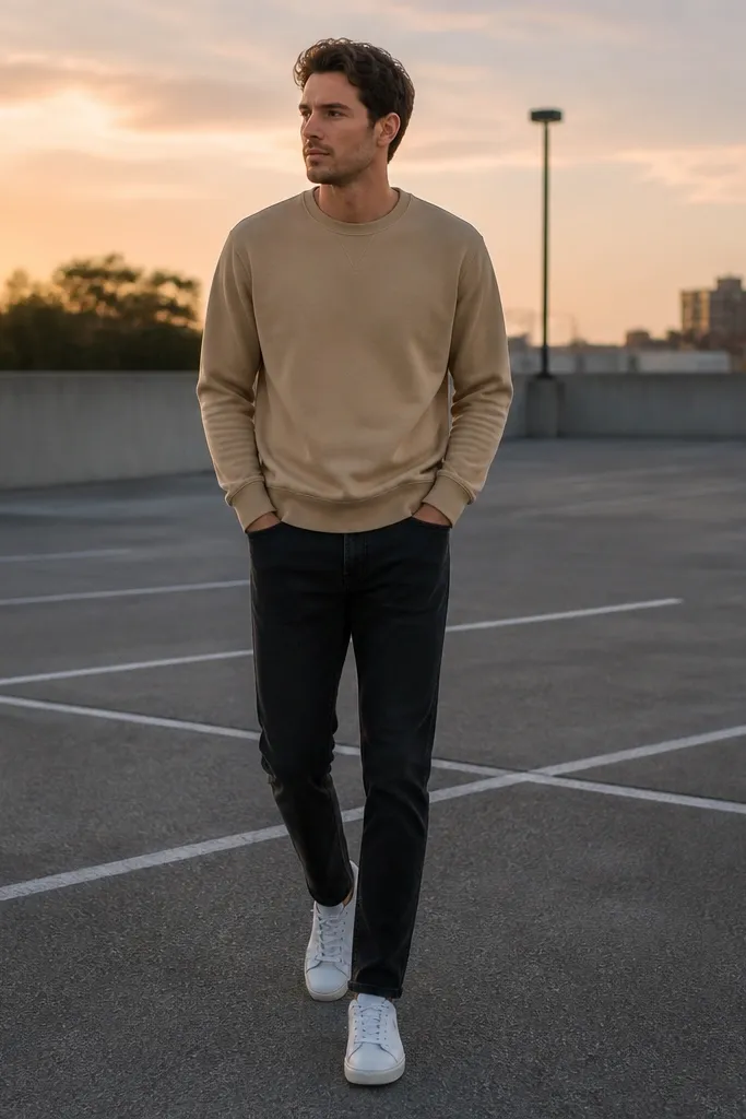 Man wearing black jeans, a tan crewneck sweatshirt, dark socks, and white sneakers; background is a parking lot with evening light.