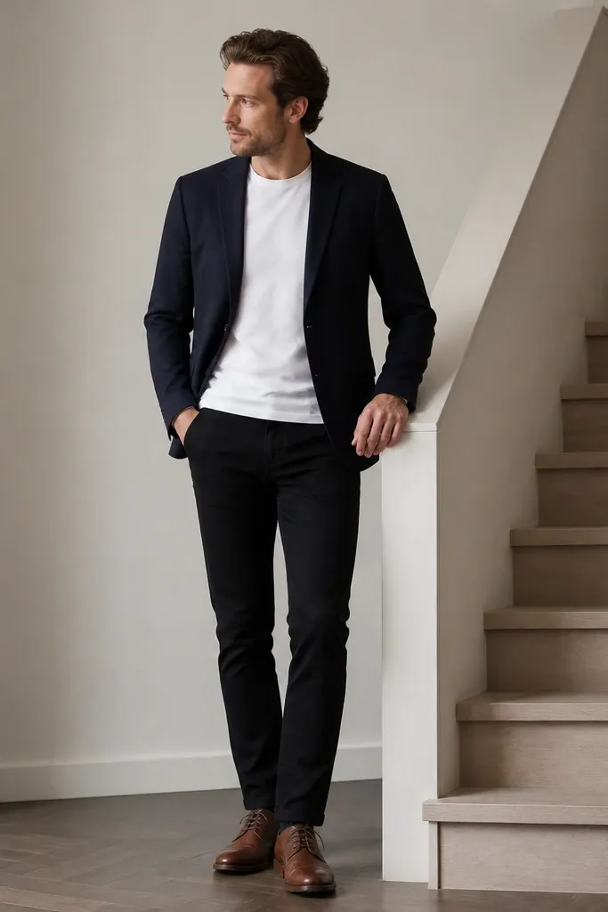 Man wearing black jeans, a navy unstructured blazer, a white crew tee, and brown leather derbies; photo taken indoors near stairs.