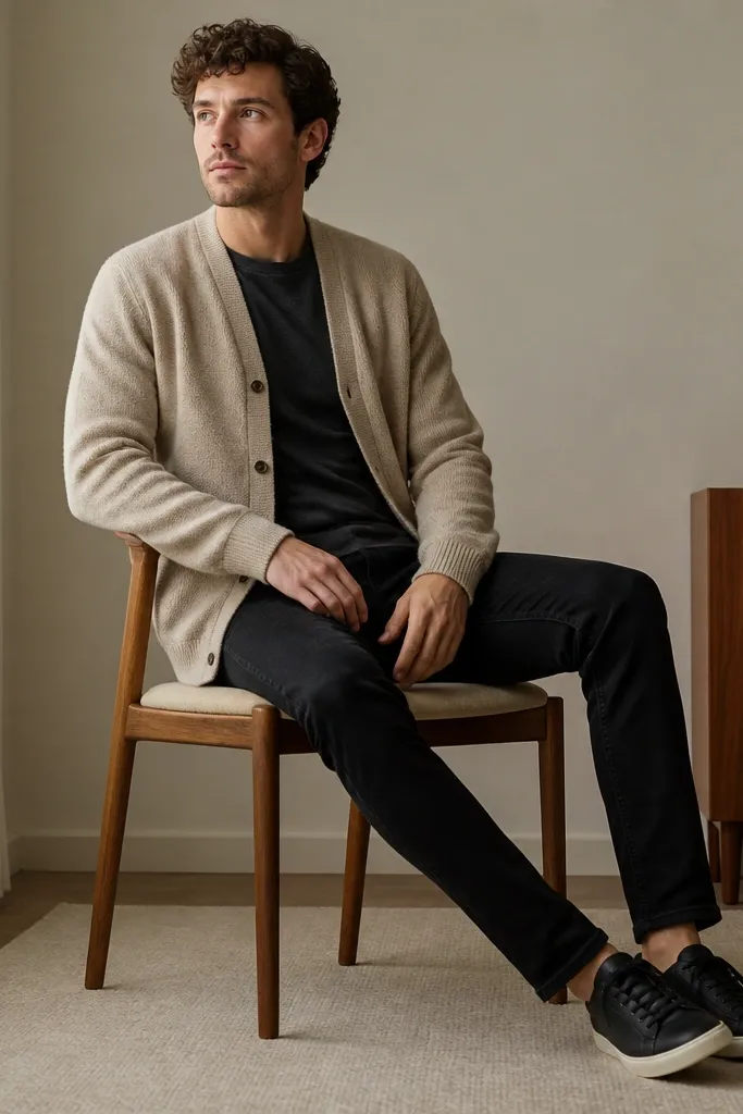 Man wearing black jeans, an oatmeal cardigan with buttons, a dark t-shirt underneath, and black low-top sneakers; casual indoor setting.