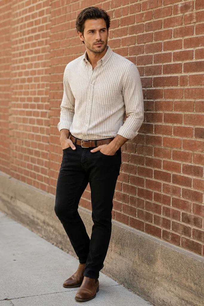 Man wearing black jeans, a cream and white striped button-down, a brown belt, and brown leather boots; outdoor photo with a brick wall.