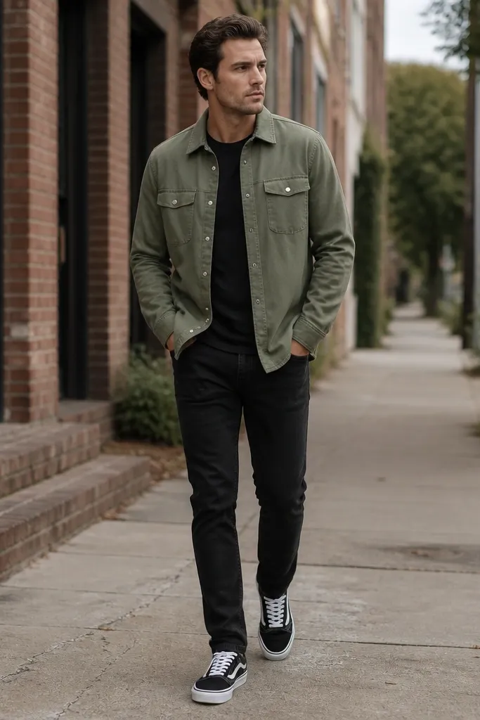 Man wearing black jeans, an olive overshirt with snap buttons, a black tee, and black canvas sneakers; photo shows a casual sidewalk scene.