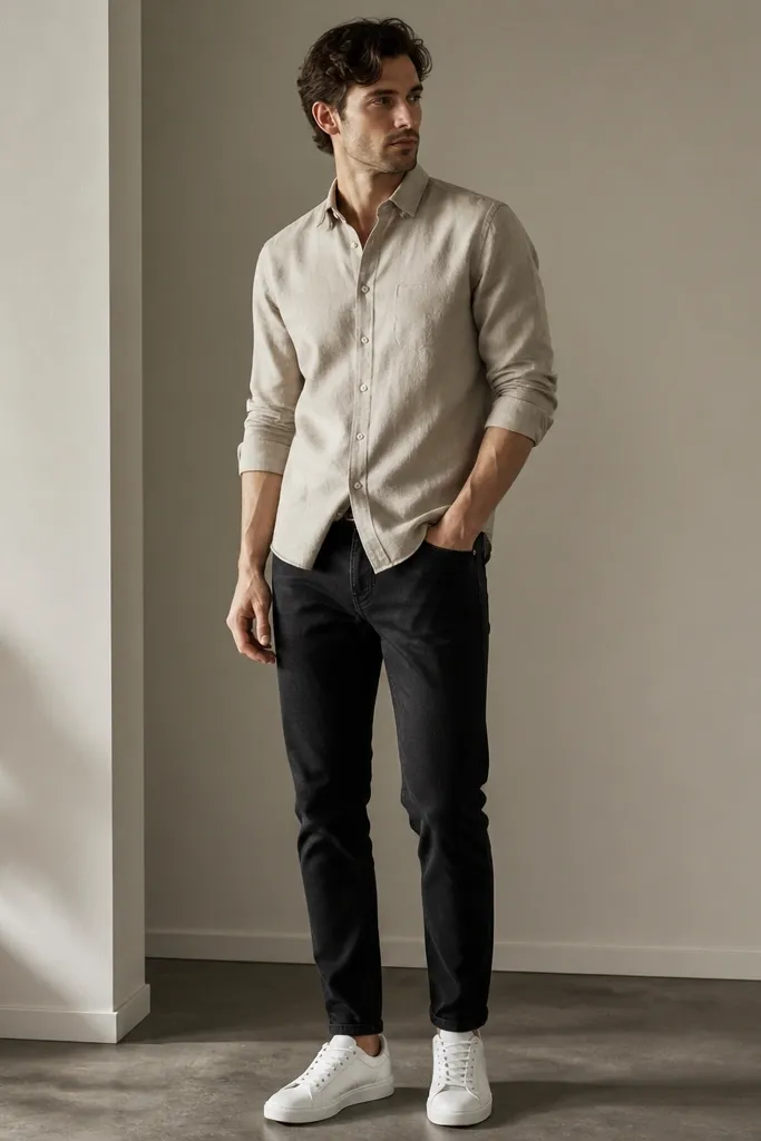 Man wearing black jeans, a light khaki button-up shirt, and white sneakers; shirt is slightly untucked at the front with a clean drape.