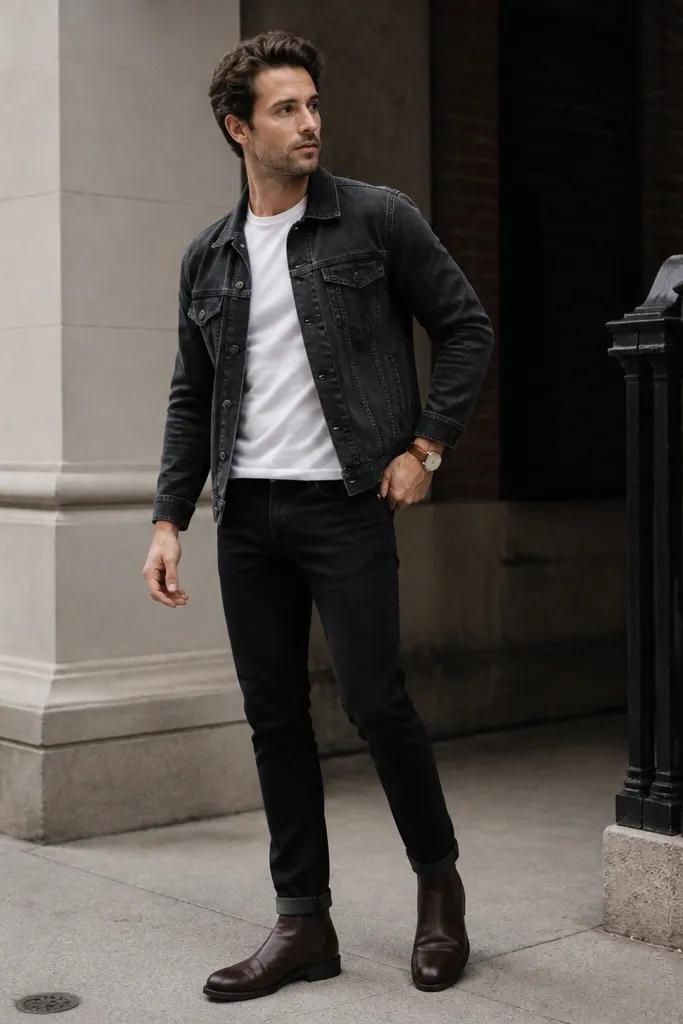 A man wearing black jeans with a medium-wash black denim jacket. A white crew-neck T-shirt shows underneath. Dark brown Chelsea boots and a tan leather watch are visible. The jacket looks structured with a clean chest and a subtle inner pocket opening you can see along the side seam.