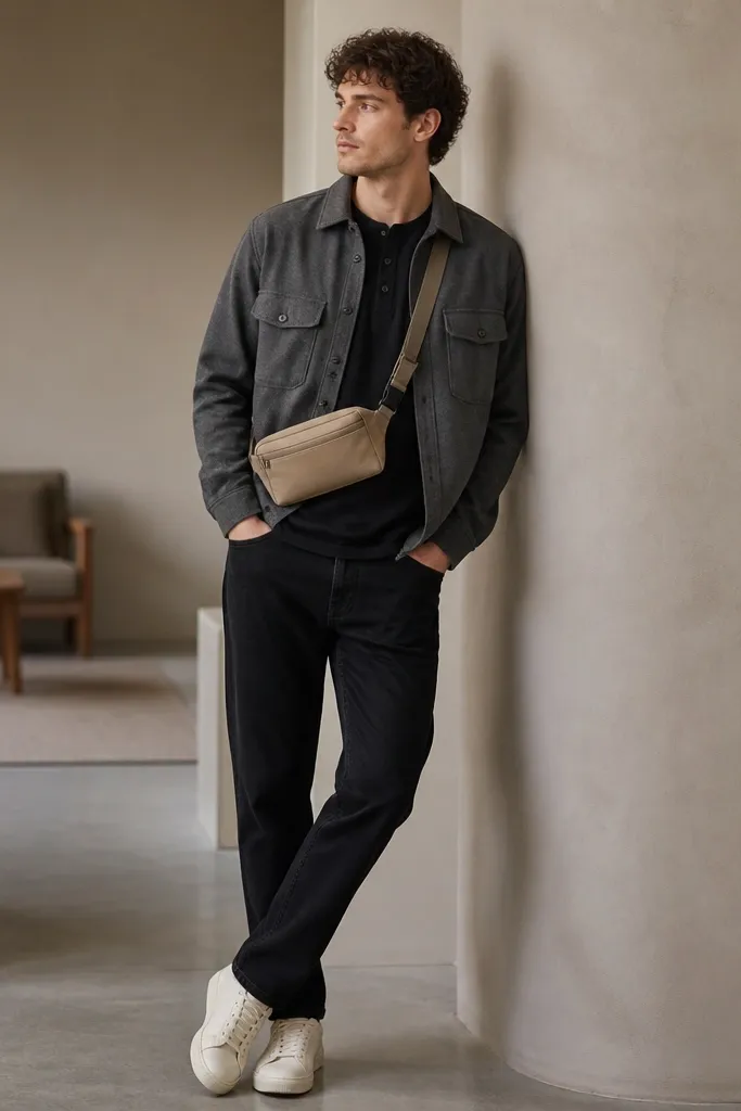 A charcoal-grey overshirt with two buttoned chest pockets layered over a black henley. The belt bag is tan canvas with a matte buckle, worn cross-body at the waist. Black jeans show a slight taper, and the shoes are off-white sneakers.