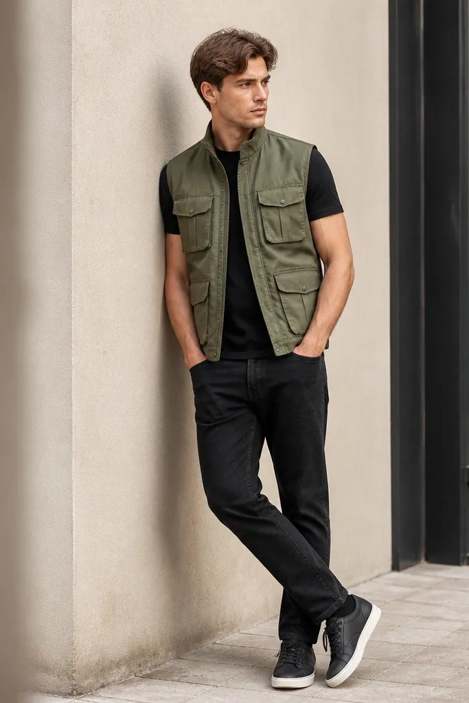 A sleeveless olive utility vest with multiple front pockets and a clean stand collar over a black fitted T-shirt. Black jeans are straight with a slight taper at the ankle. The shoes are dark grey/black sneakers with white soles.