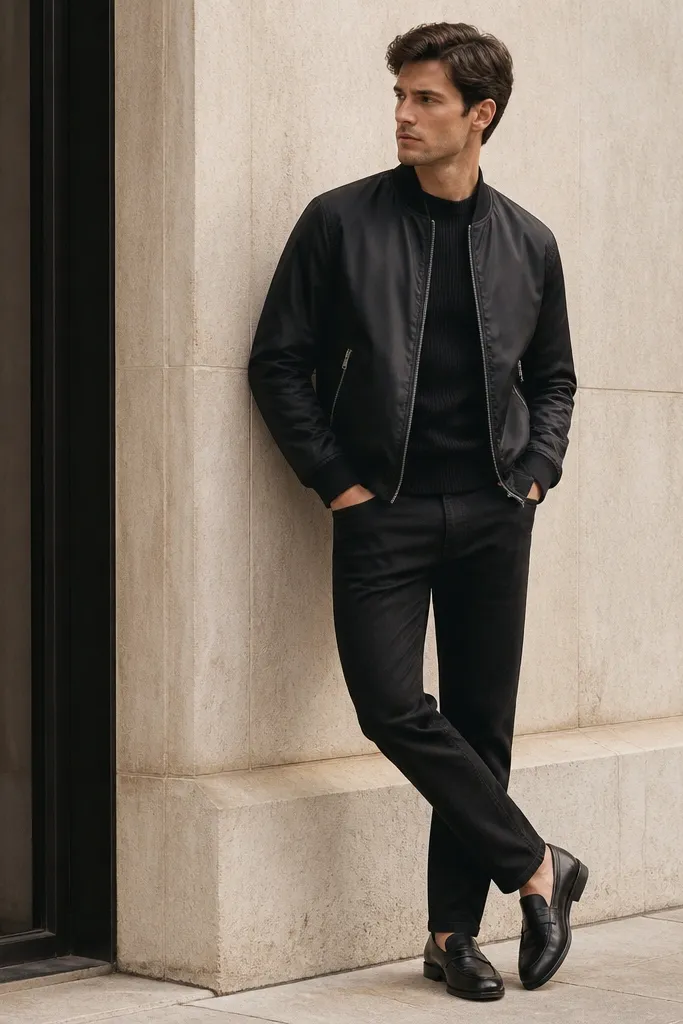 A black bomber jacket with a smooth finish and visible zip pockets along the front. A ribbed black crewneck sweater underneath. Black jeans in a tapered cut. The shoes are black leather loafers with a slight shine.