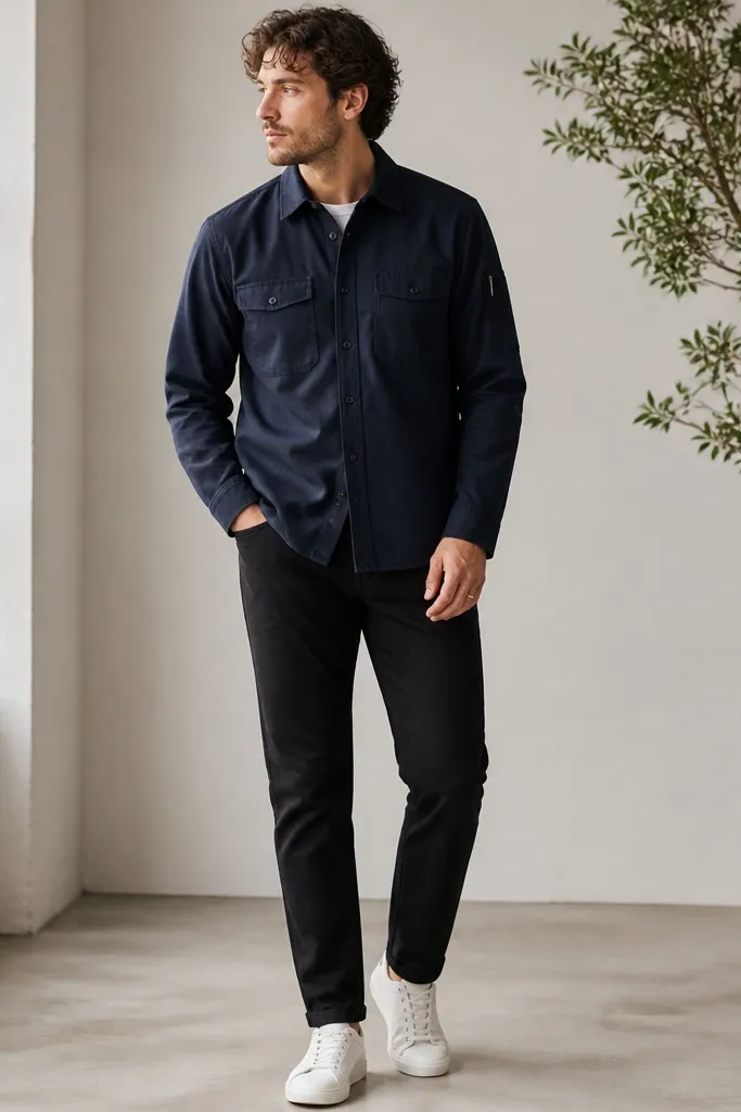 A navy-blue chore shirt with a left sleeve pen pocket and two chest pockets. Black jeans are straight with a slight taper at the ankle. White low-top sneakers and a simple silver ring are visible.