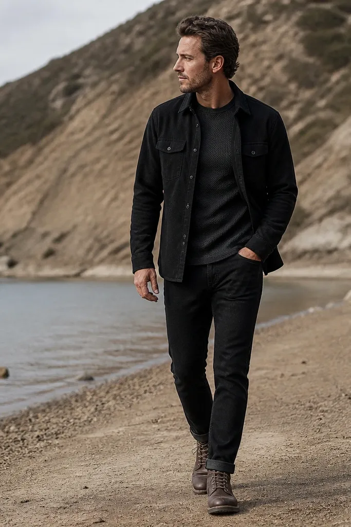 A black flannel overshirt with subtle snap closures and barely-visible inner openings near the side seam. A dark thermal tee underneath with visible texture. Black jeans with a slight taper. Brown leather lace-up boots.