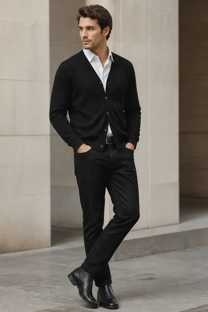 A black cardigan with side seam pockets over a crisp white button-down with the collar visible. Black jeans are tapered. The shoes are dark leather boots, and a slim black belt is visible.